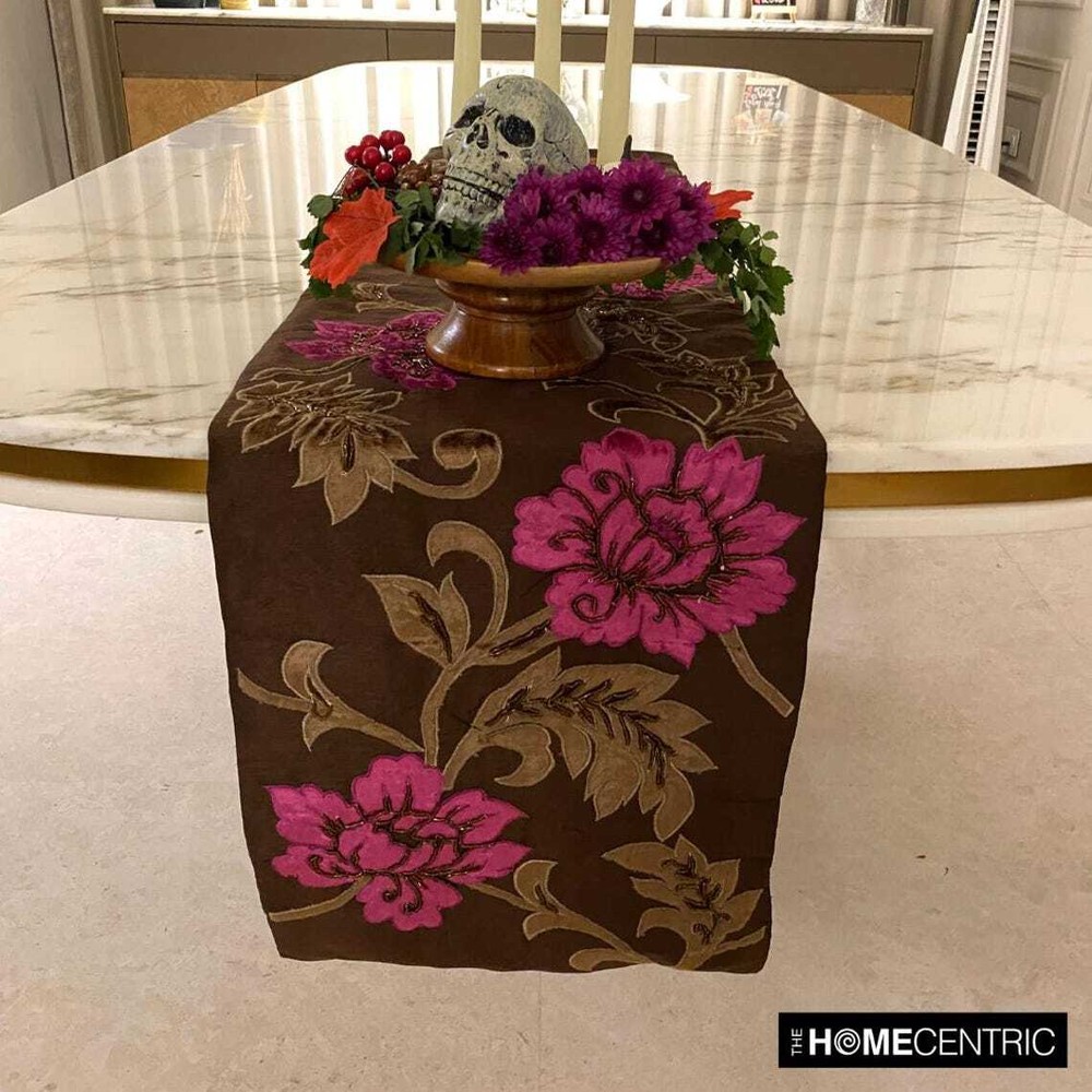 Decorative Table Runner Brown Silk Wedding Décor Table Décor - Blossoms Applique