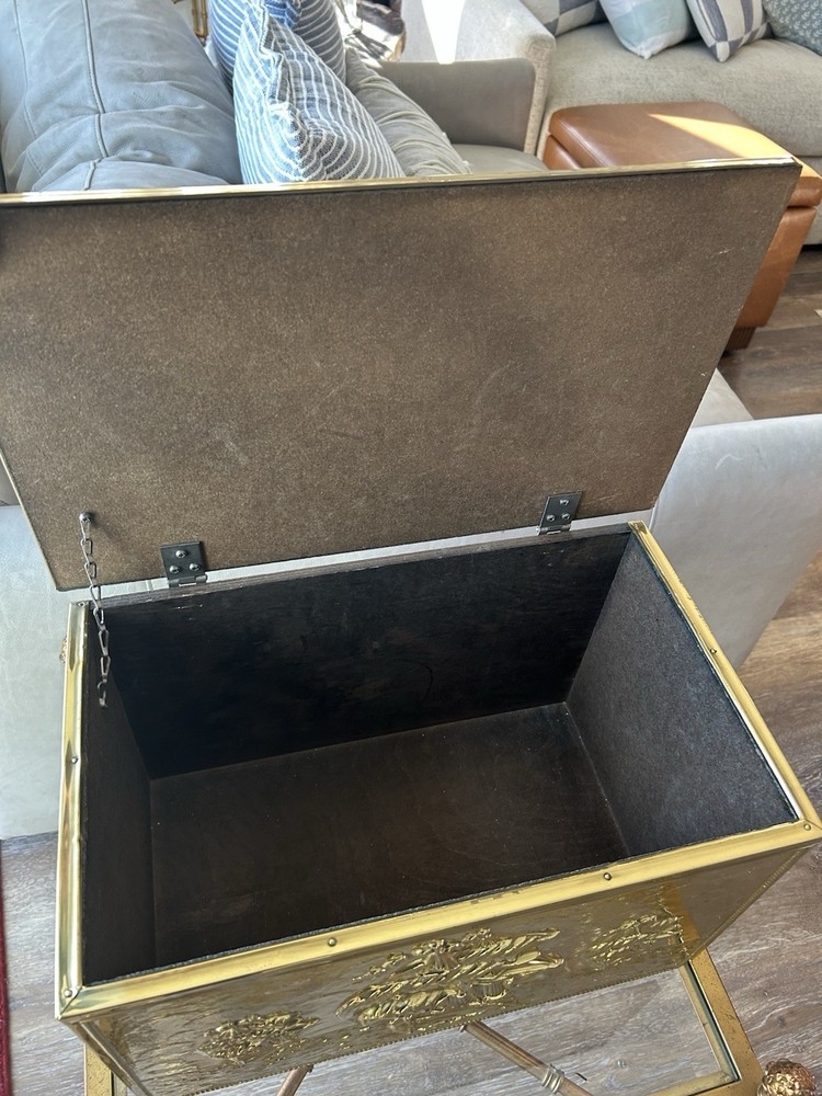 Brass-clad coal box w/embossed sailing ship motif