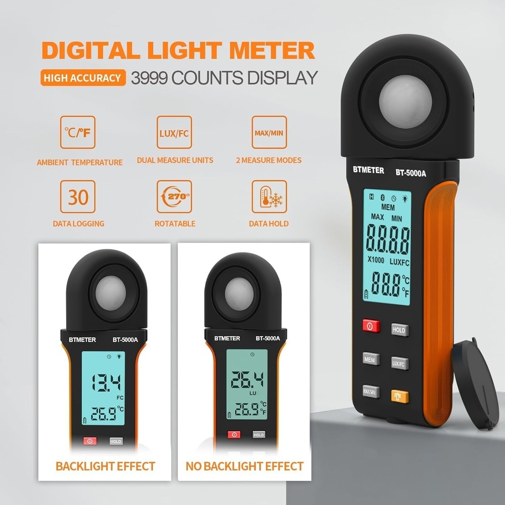 Light Lux Meter Logger BT-5000A - Digital Lumen Tester Measure Lighting Level