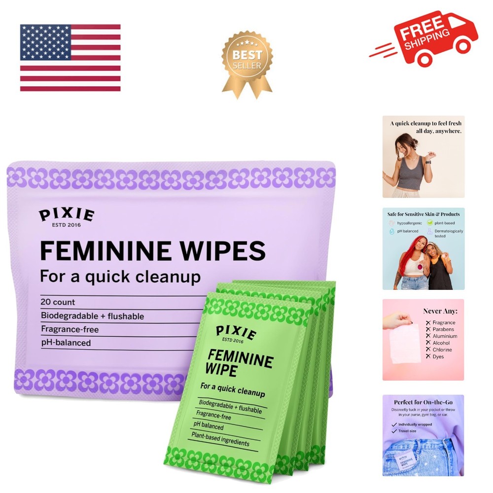 Pixie Feminine Wipes - Flushable, Biodegradable, pH Balanced & Unscented - In...