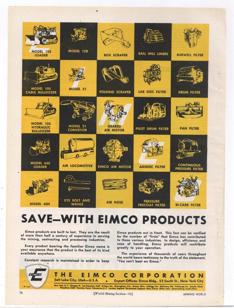 1955 EIMCO Co. of Salt Lake City Ad: Scraper, Loader, Filter Models Pictured