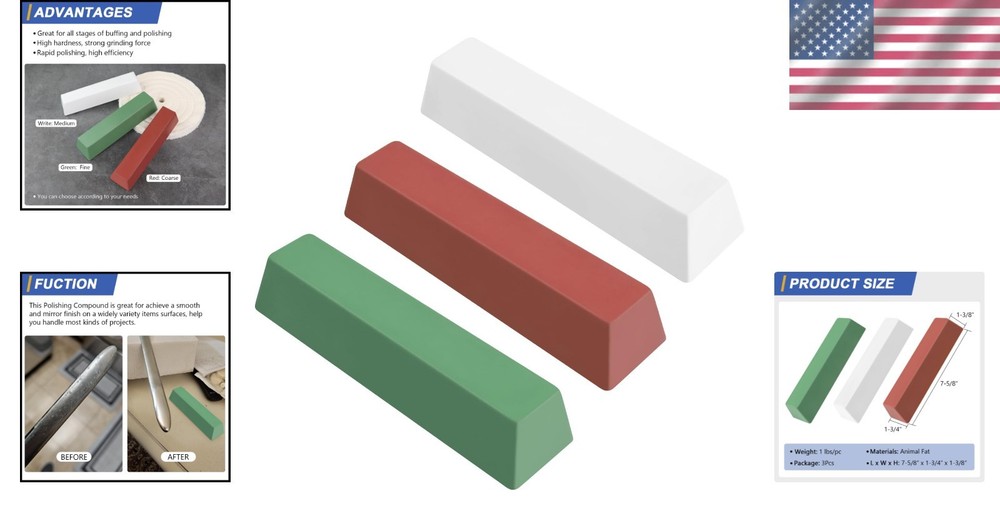 3 lbs Buffing Polishing Compounds Kit - Green, White & Red Bars