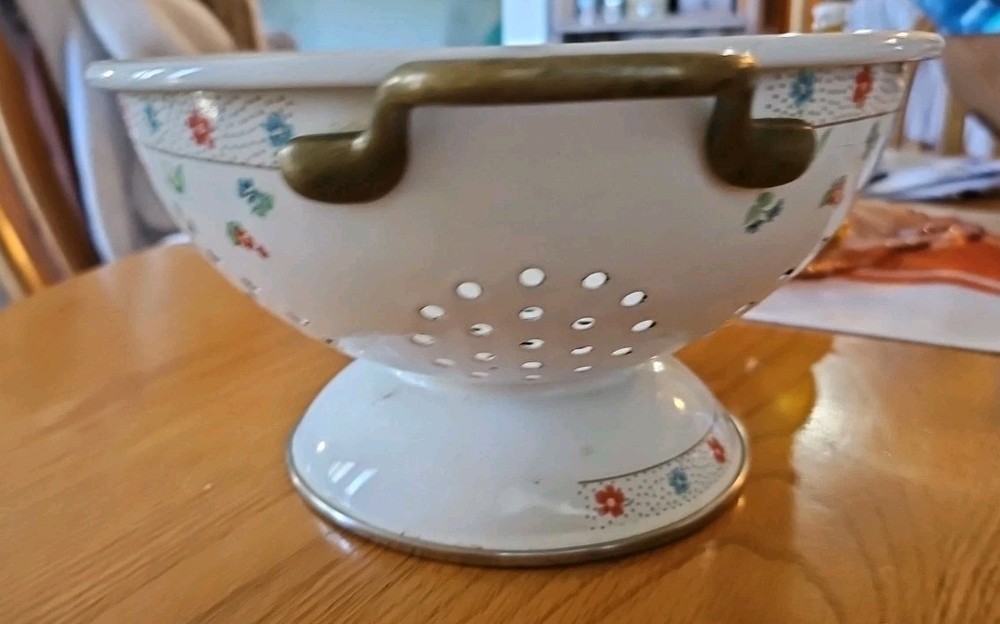 Enamel Kitchen Colander, Brass Handles, White With Red Blue Floral Pattern
