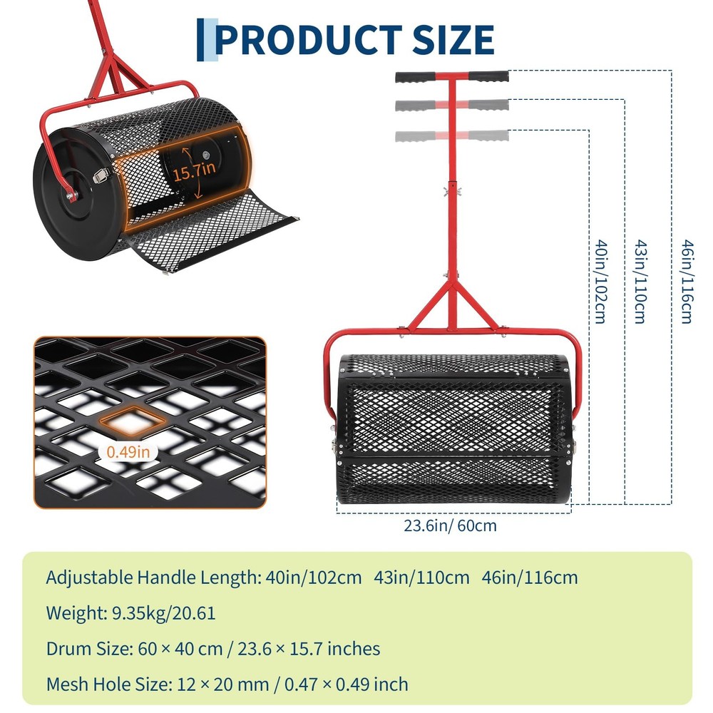 Compost Spreader, 24'' Wide Peat Moss Spreader with Handle, 3 Heights Adjustable