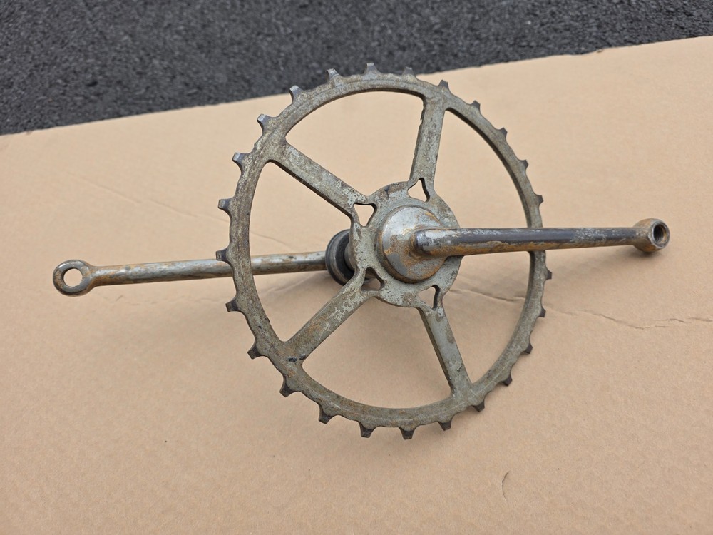 ANTIQUE TOC SKIP TOOTH BICYCLE CRANK SET W/ HARDWARE & BEARING CUPS