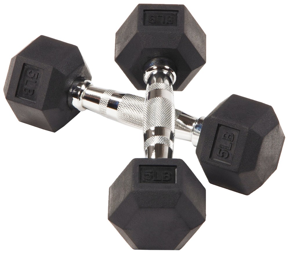 Non-Slip Grip Dumbbell, Rubber Hex, 5 lbs, 2 Count