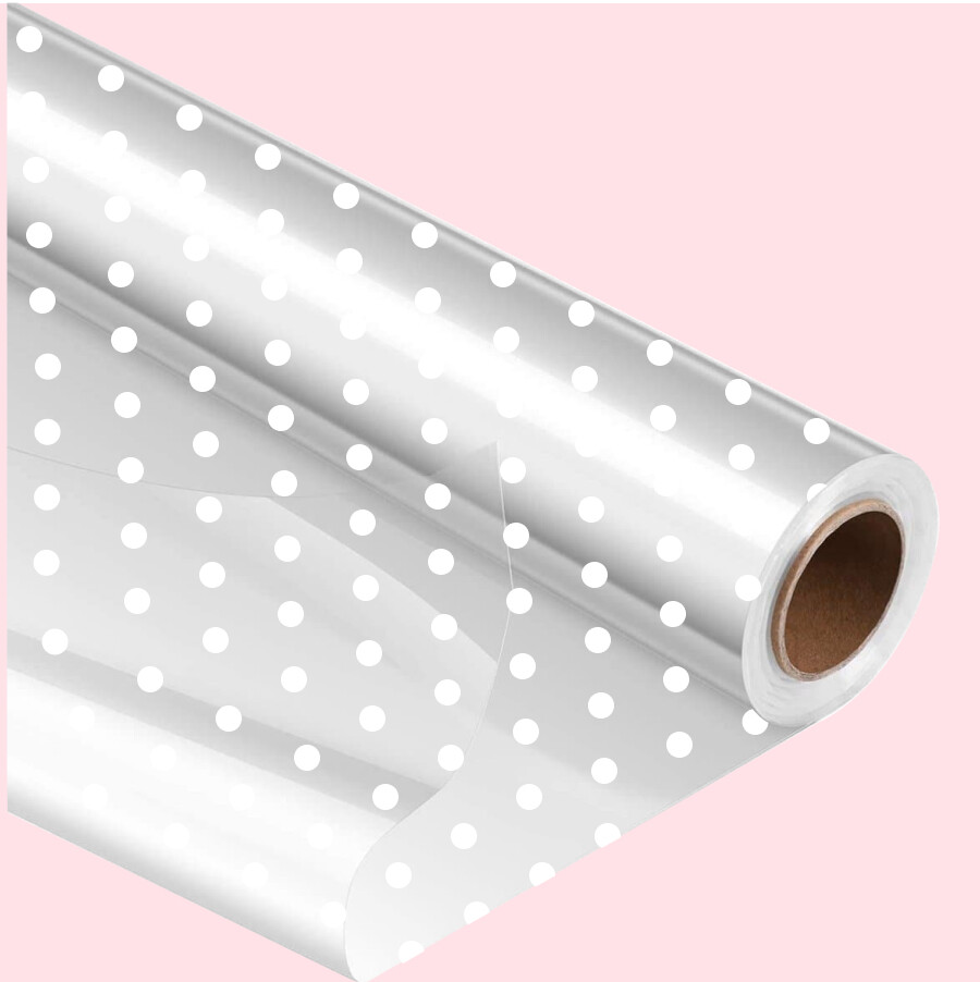White Dot Cellophane Wrap for Hampers 100' x 31" with 10 Pull Bows and 2 Ribbon