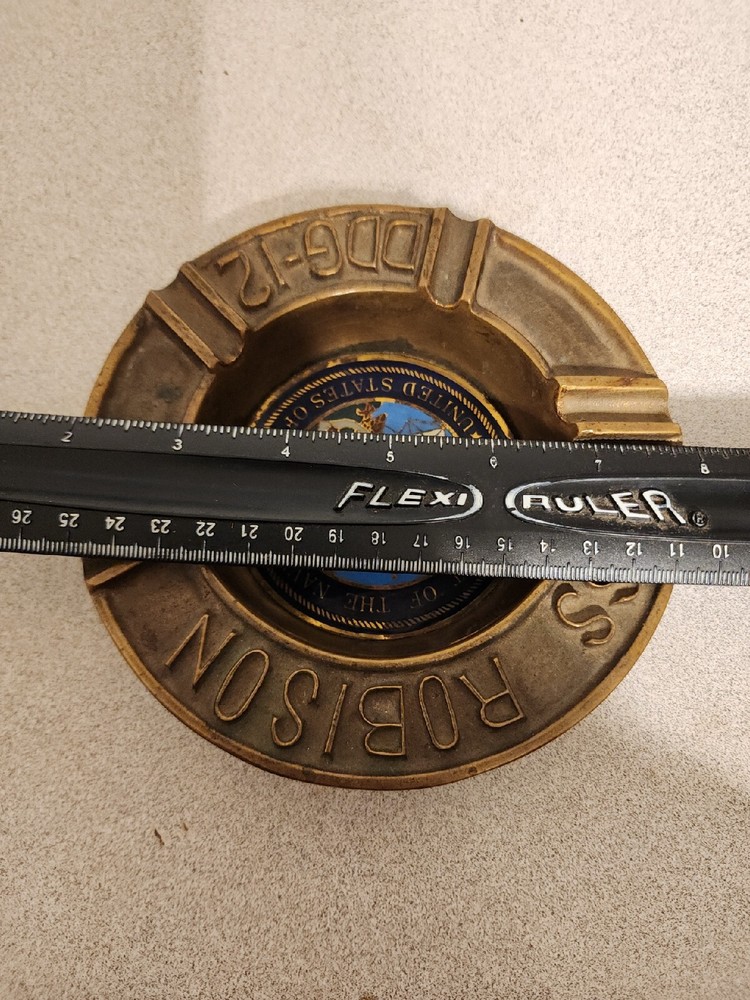 Vtg NAVY USS ROBISON DDG-12 Destroyer Heavy Solid Brass & Enamel Ashtray