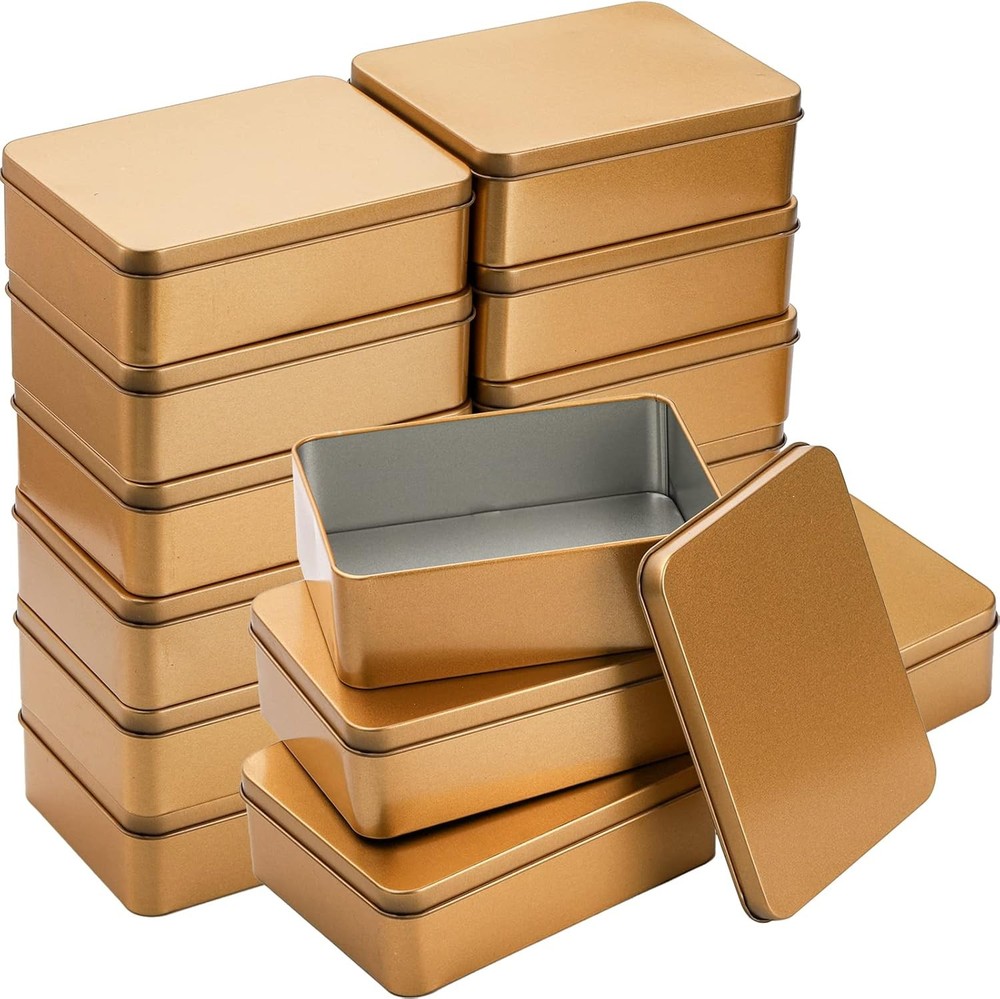 Peohud 16 Pack Rectangular Tin Boxes with Lids, Empty Hinged Tins, Metal Gold