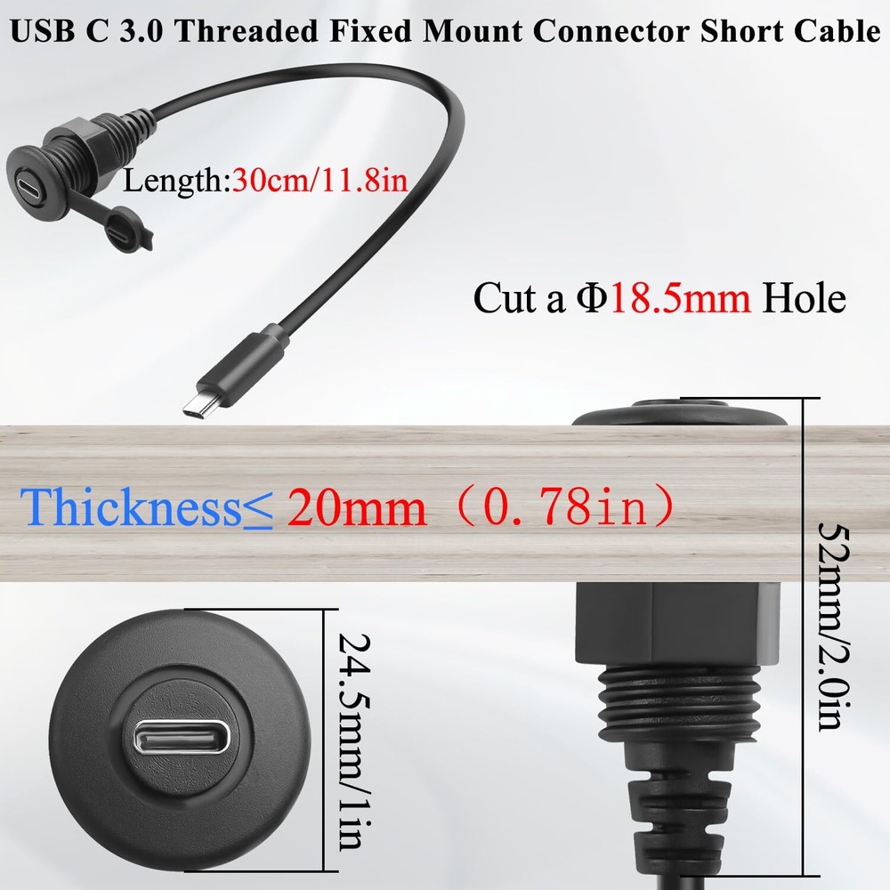 5Gbps USB C Threaded Fixed Short Cable USB Type C 3.0 Male to Female Embedded...