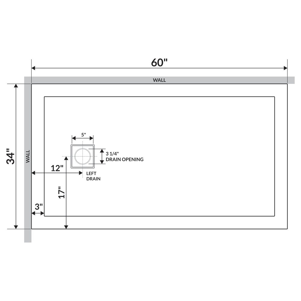60"x34" Shower Base Pan Left Double Threshold Wall Corner Left Drain by LessCare