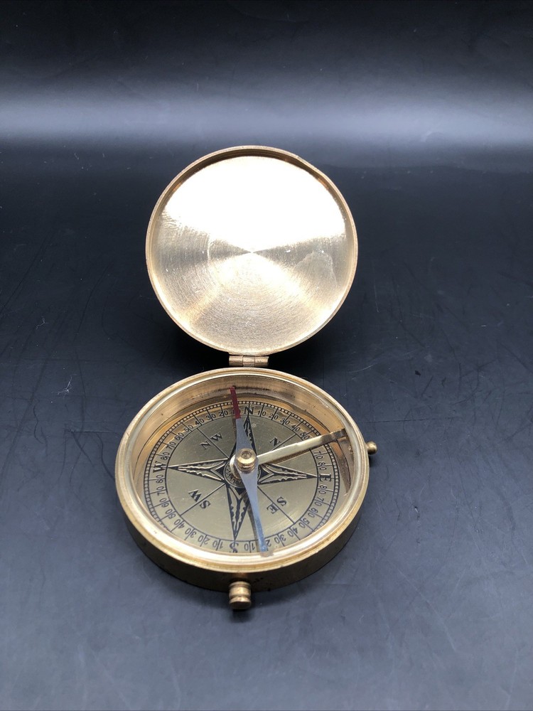 Vintage Solid Brass Pocket Compass 3 In Push Button Lock Collector Gift