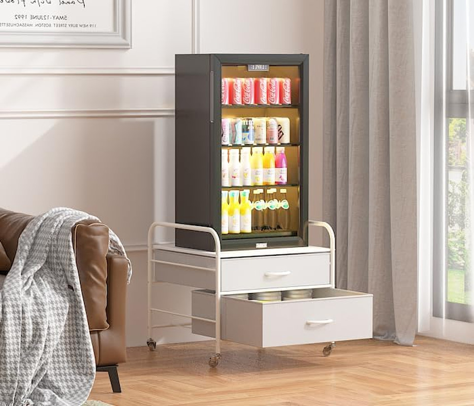 Compact Mini Fridge Stand with Storage and Drawers, White with Wheels