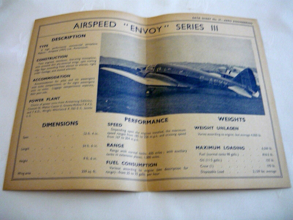 Vintage Aero Engineering Data Sheets - Choice of Aircraft - Good Condition