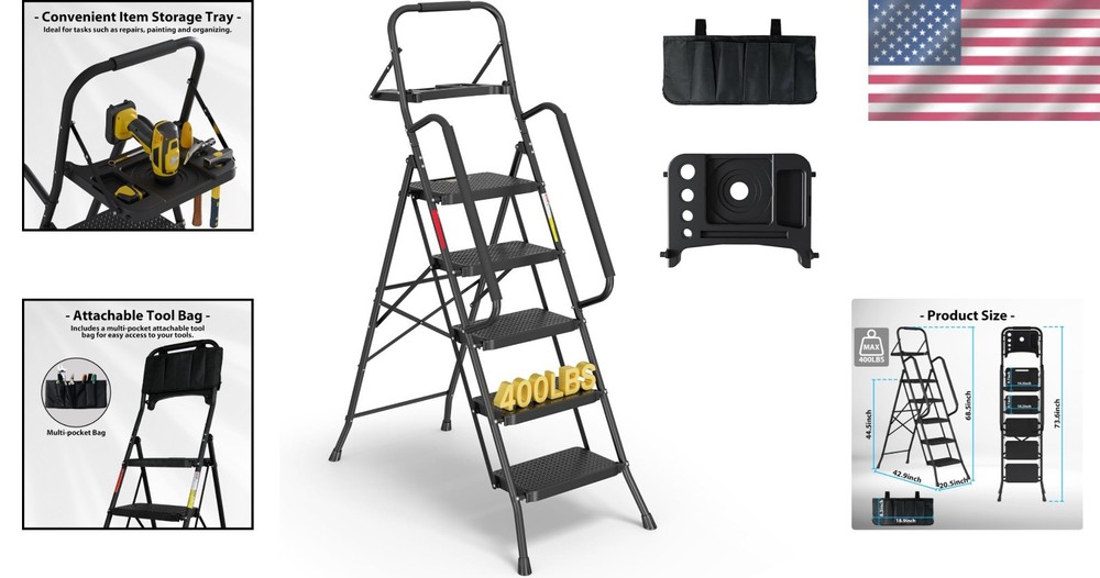 400lbs Max Load 5-Step Ladder with Tool Tray, Handrails
