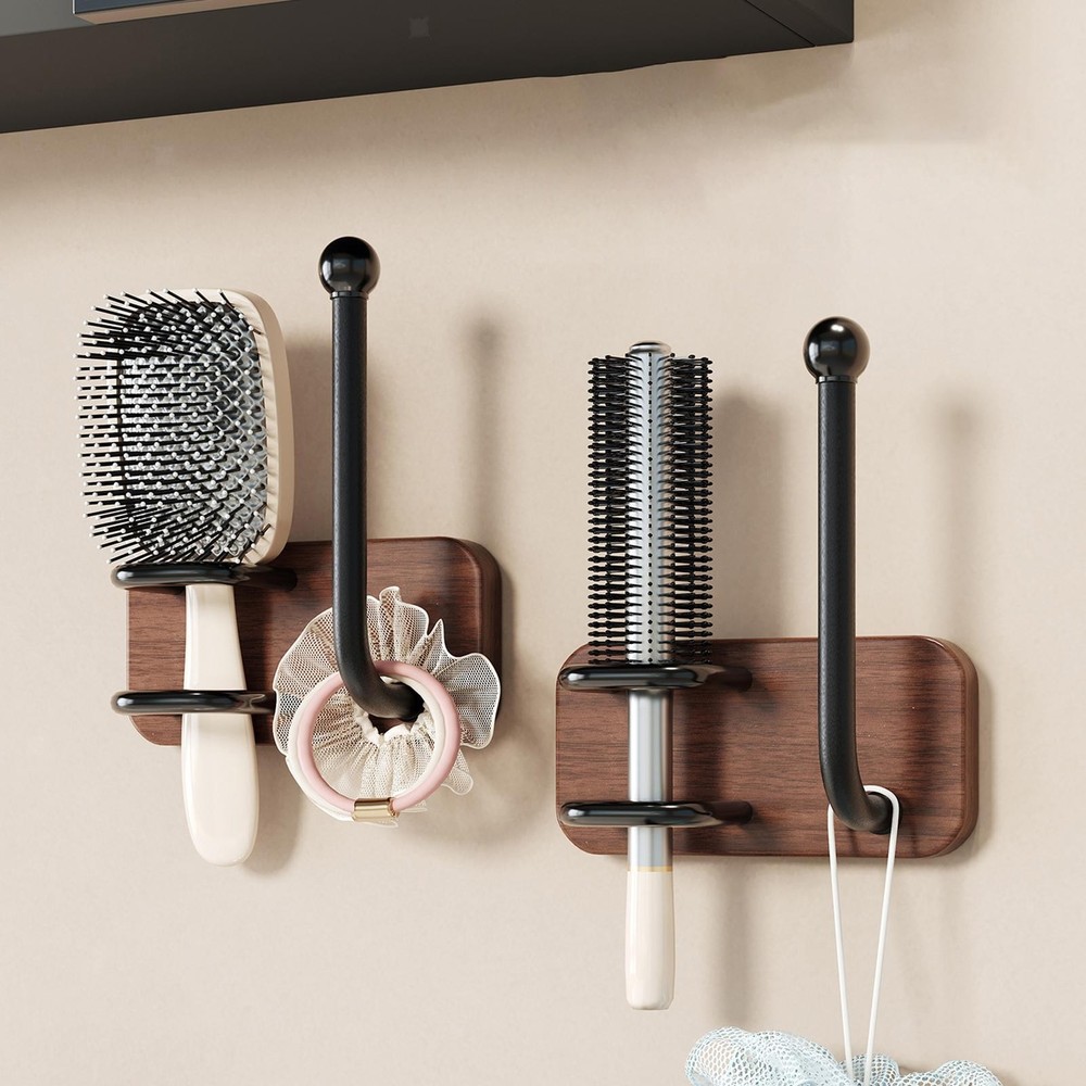 Hair Brush Holder Solid Walnut Wood Compact Space Saving Wall Mounted