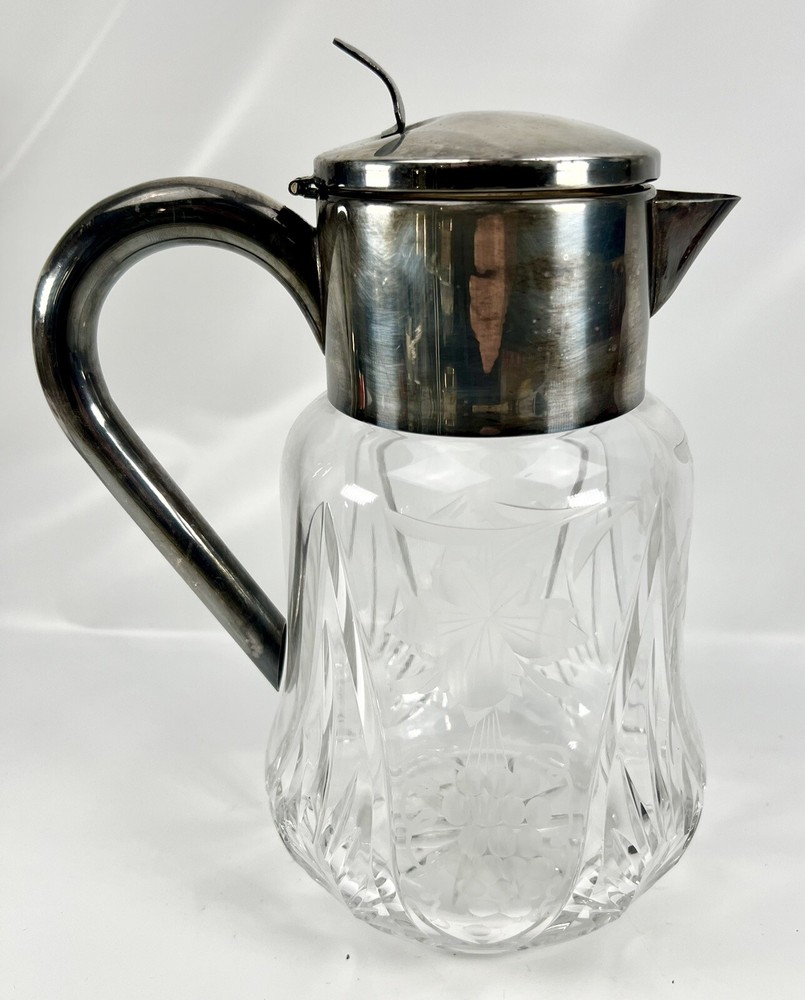 ASCI Germany Crystal & Silverplate 10-3/8" Cut & Etched Pitcher - Nice!