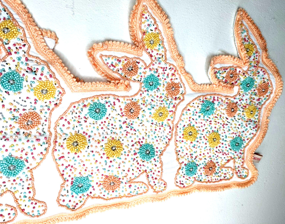 Happy Easter 36L" x 14"W 4 Bunny Rabbit Multicolor Beaded Table Runner NWT