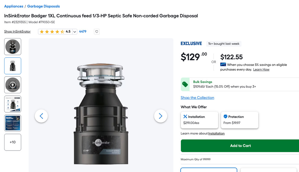 INSINKERATOR Badger 1 Garbage Disposal 1/3 Hp