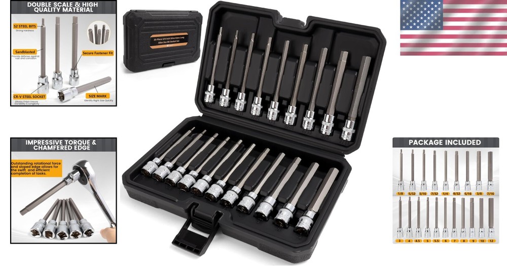 Durable Chrome Vanadium 20PC Allen Hex Bit Socket Set with Protective Case