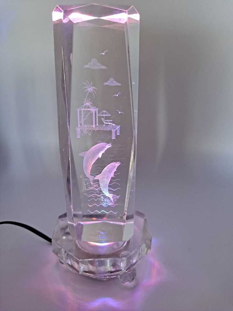 Crystal 3D Laser Etched Dolphins With Lighted Base