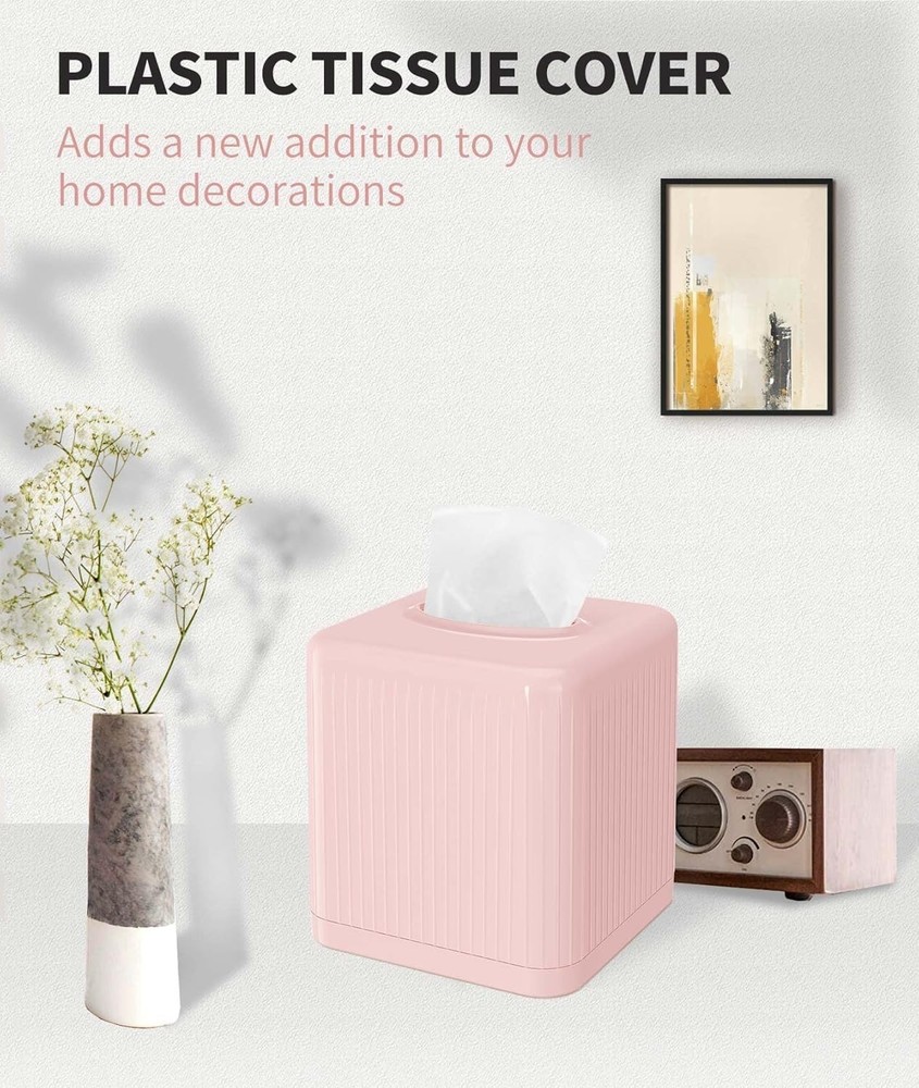 Tissue Box Cover with Base - Square Plastic Holder, Decorative Case, Modern F...