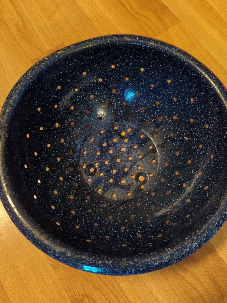 Vintage Enamelware Colander Strainer Blue Speckled 11.5" Round