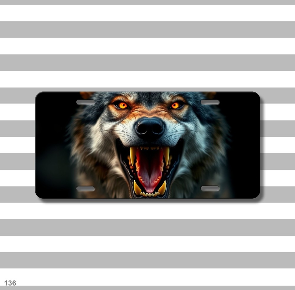 Aggressive Wolf License Plate with Sharp Teeth Optional Text Decorative Plate Bi