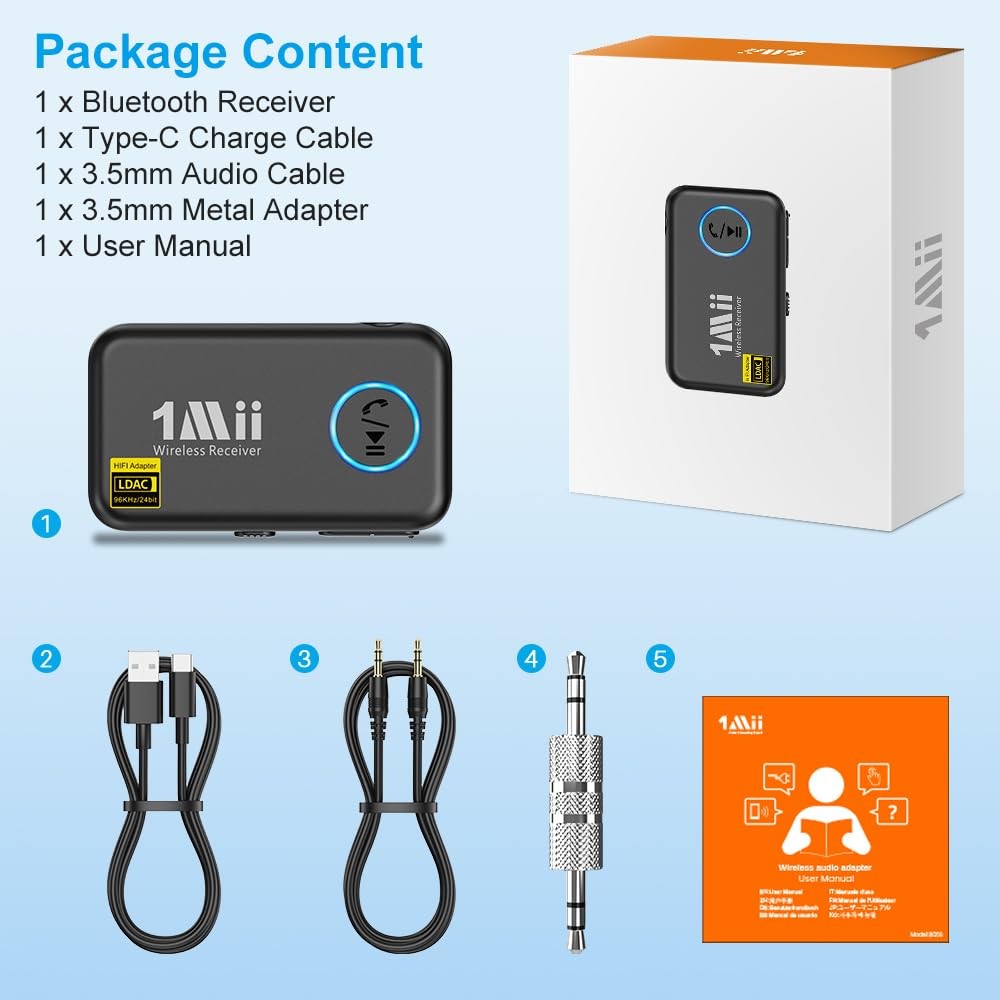 1Mii LDAC Bluetooth Aux Adapter for Car, Wireless 5.3 Small, Black