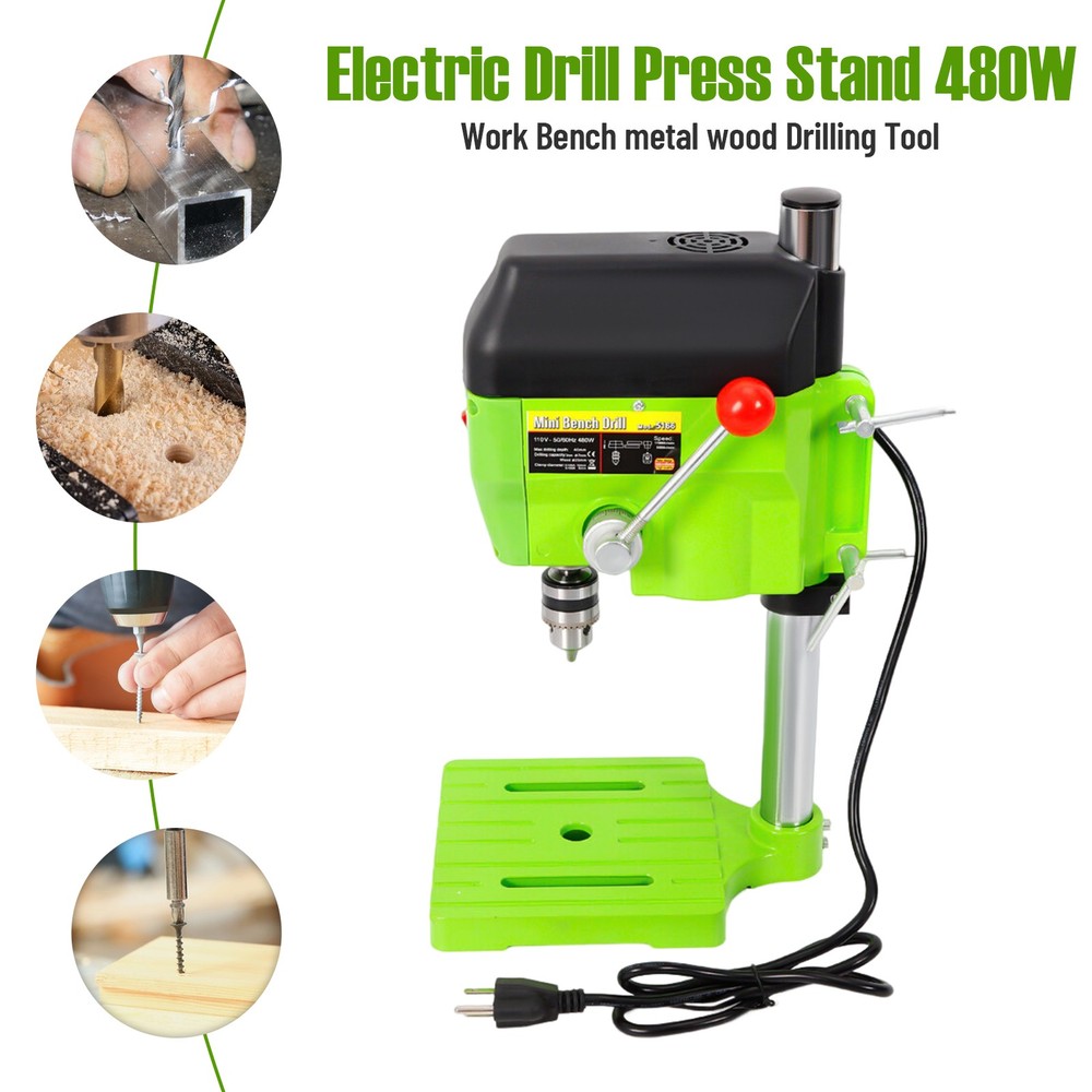 480W Electric Drill Press Stand Small Power Drilling Tool Mini Work Bench Green