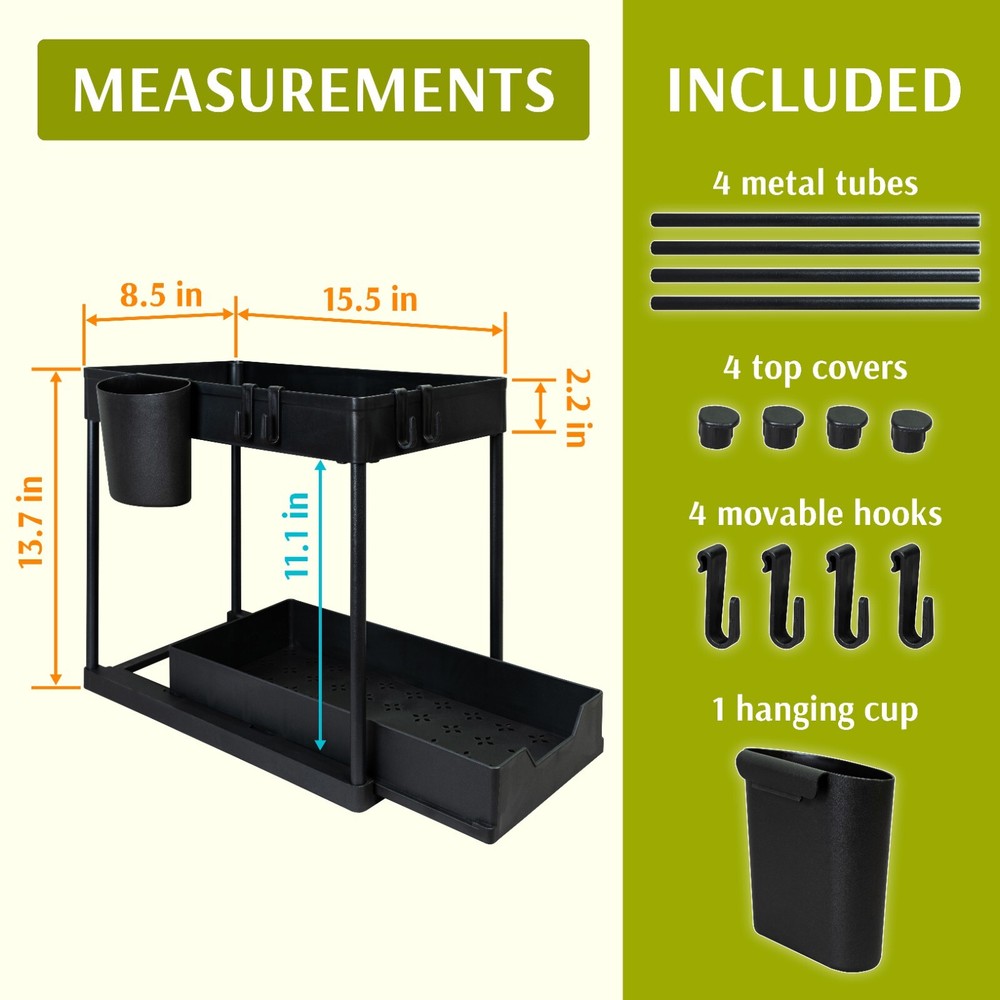 Under Sink Organizer 2 Tier Kitchen Rack Storage Shelf w/ Sliding Cabinet Drawer