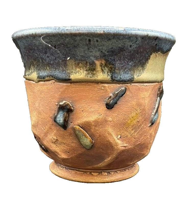 Studio Art Pottery Red Clay Drip Glaze Abstract Design Planter
