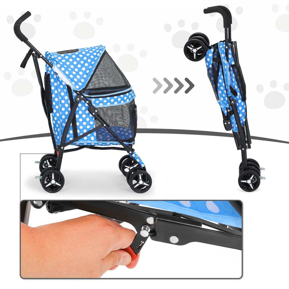 Foldable Pet Stroller 4 Wheels Breathable Dog Stroller w/Skylight&Storage Basket