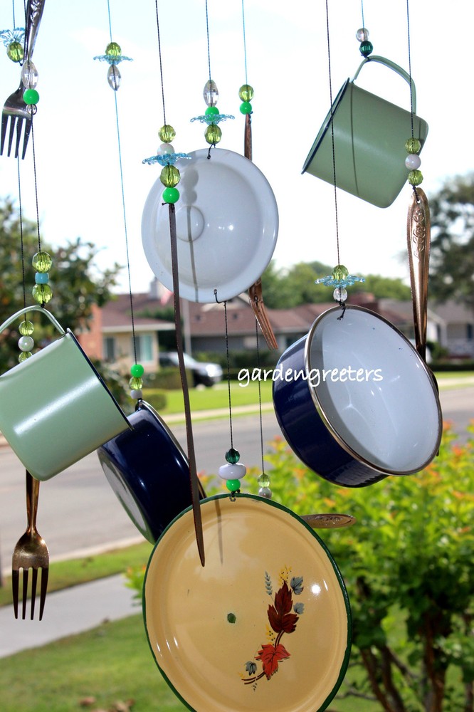 MOBILE WINDCHIMES HANGING DECOR METAL ENAMEL MOBILE HANGING PLATE CUP DECOR FORK