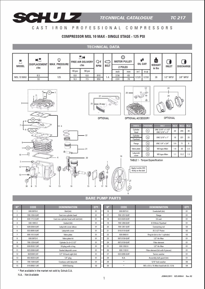 SCHULZ AIR COMPRESSOR PUMP - MSL-10MAX - CAST IRON