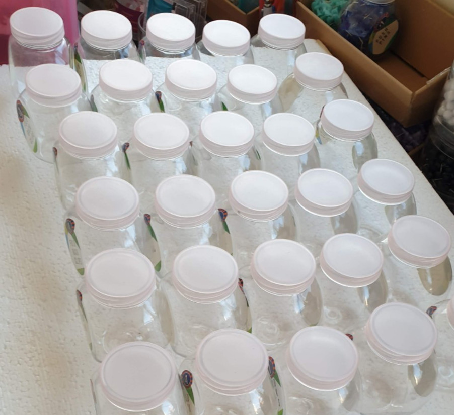 50 Small Clear Round EMPTY Plastic Bottles off white Lids Props Display ReUse