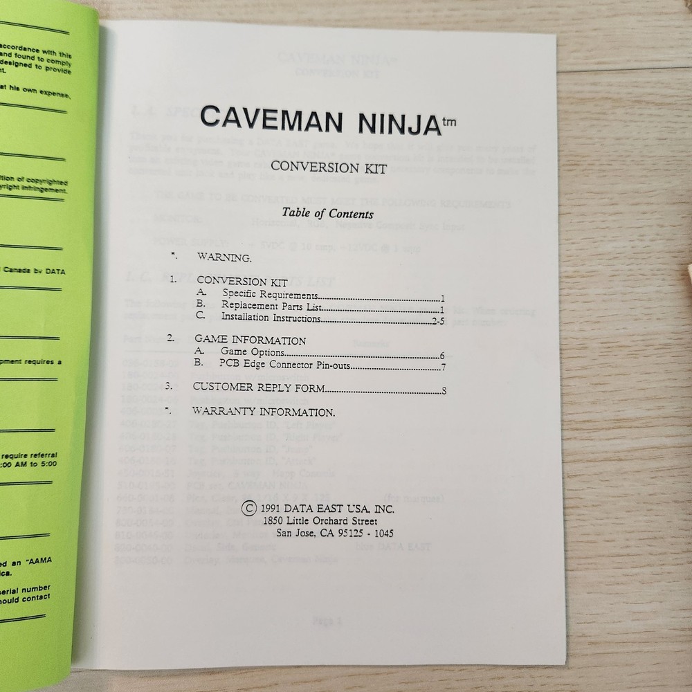 CAVEMAN NINJA Conversion Kit Manual Data East 1991