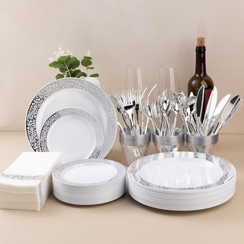 700PCS Plastic Dinnerware Set for 100 Guests, Disposable 100 Guests Set Silver