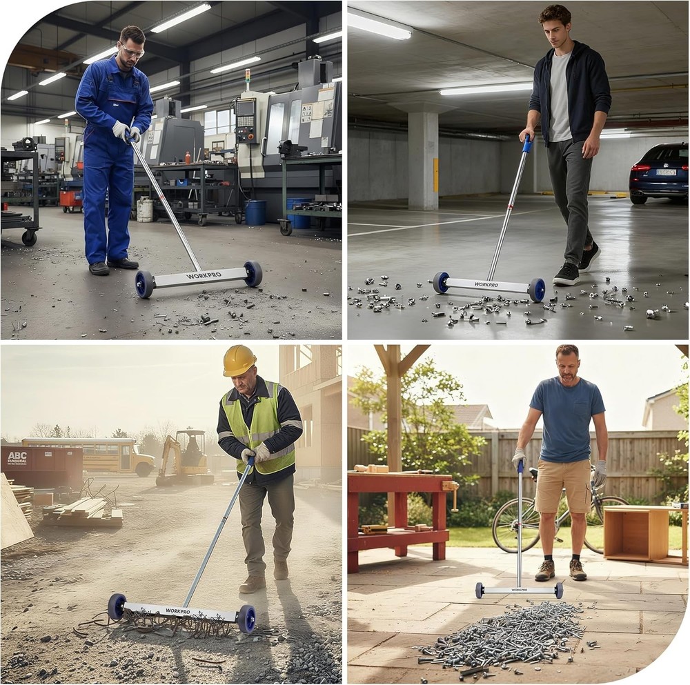 WORKPRO 17" Magnetic Sweeper Telescoping Wheel Rolling Sweeper Adjustable Handle