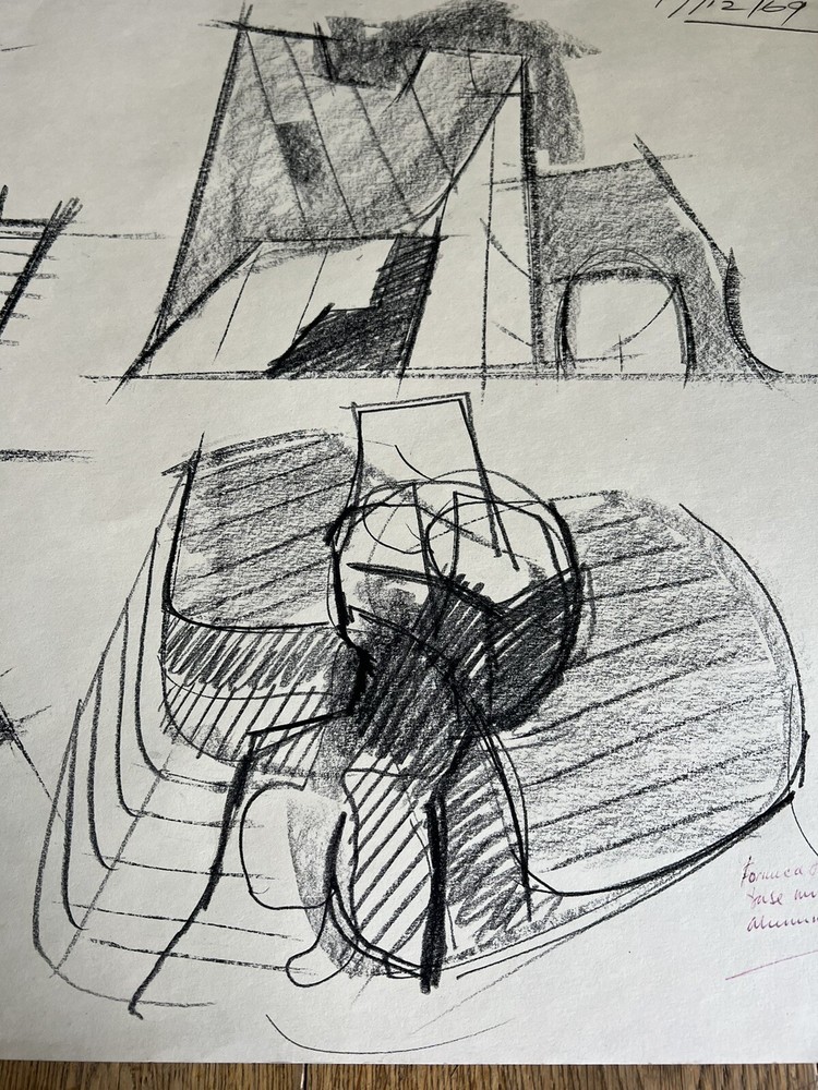 Peter Thursby Original 1969 Charcoal Drawing Study For Sculpture Signed Dated