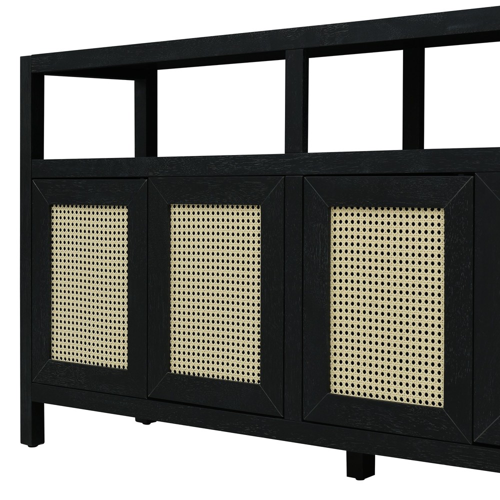 TREXM Bohemian Style Rattan Buffet Storage Cabinet with Solid Wood Frame, Side