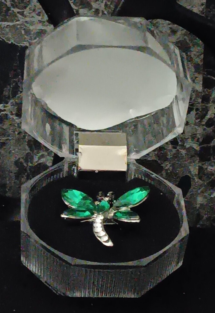 Green Silver Small Dragonfly Silvery Colored Pin Back Pinback Gift Boxed Sparkly
