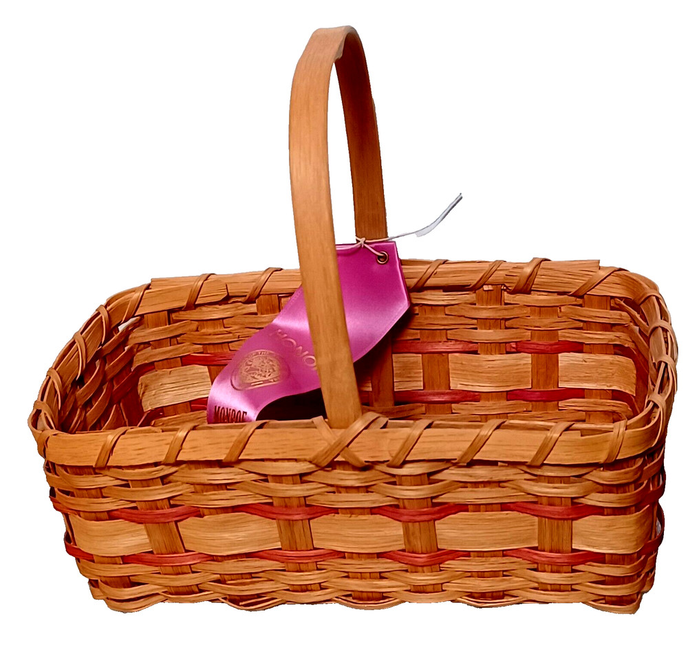 Handmade Rectangular Basket with fixed Handle Red and Tan 11" x 5.5" Vintage