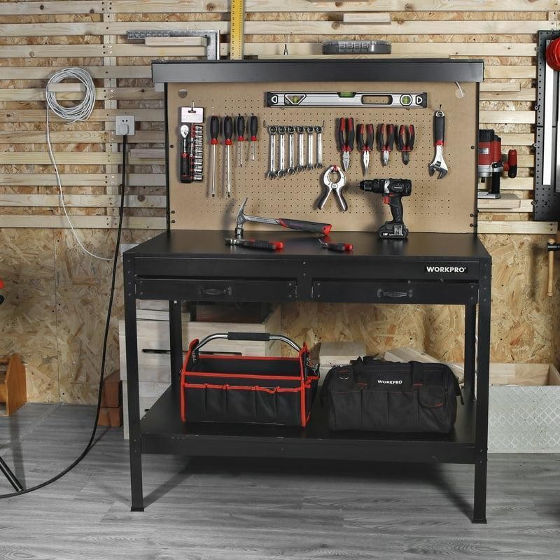 48" Multi-Purpose Workbench W/ Drawers & Pegboard Black Steel Frame 3302) New