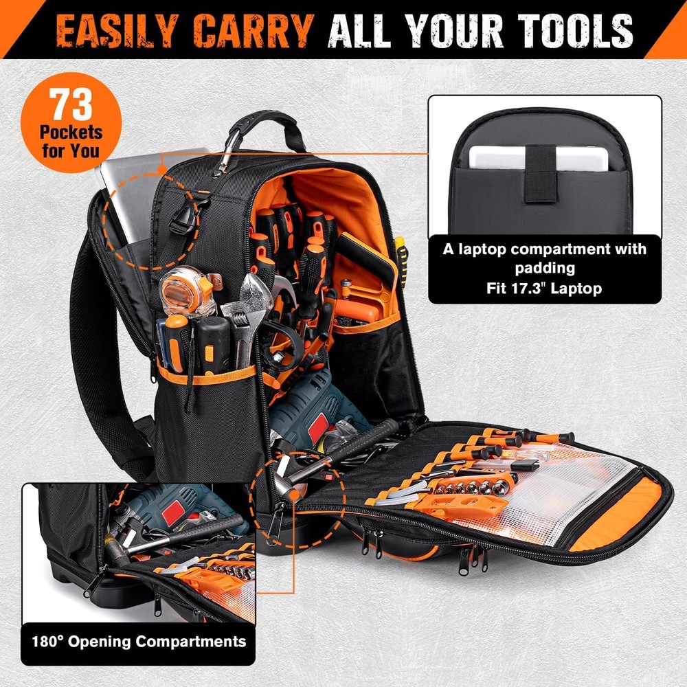 73-pocket tool backpack, unisex, heavy-duty design, waterproof molded base.