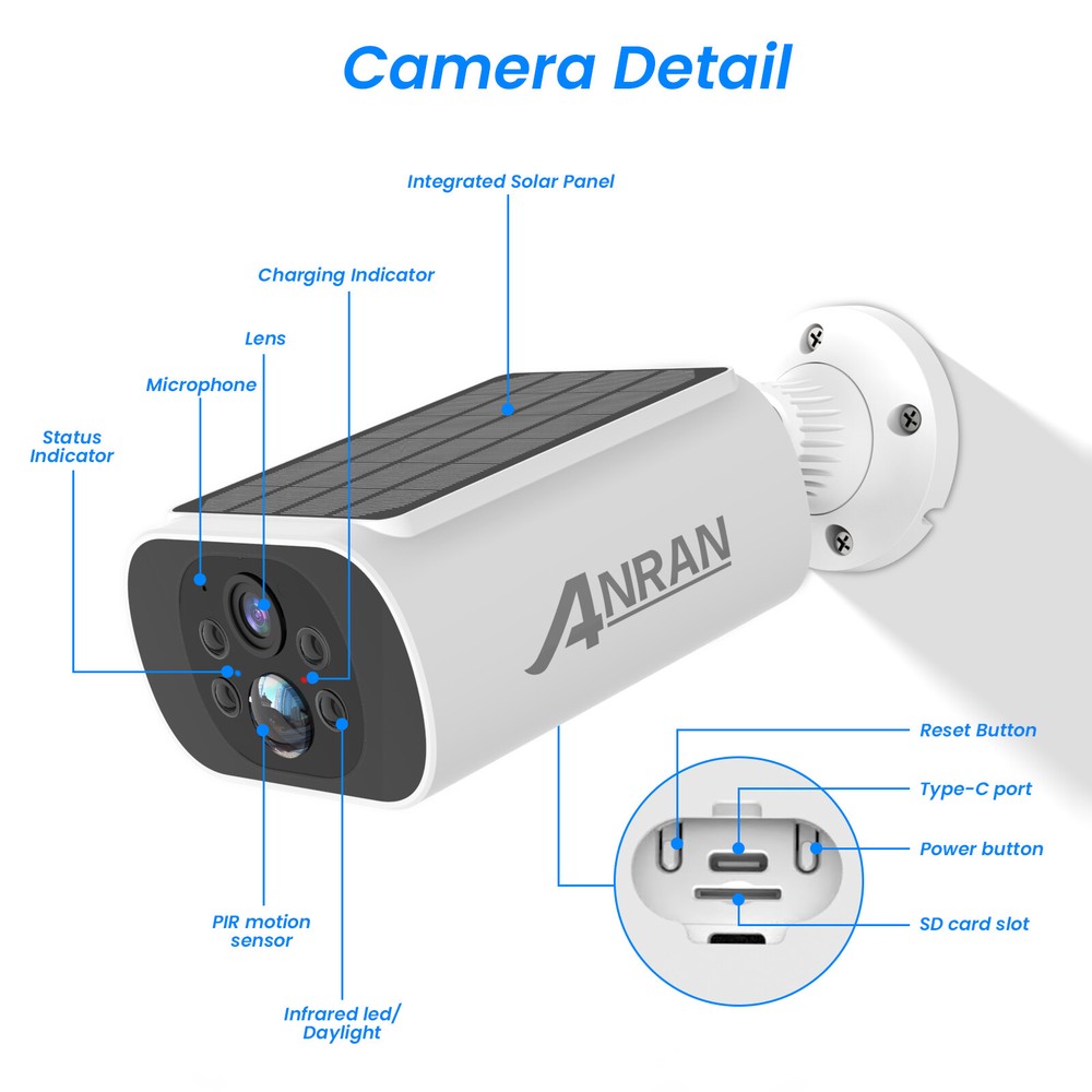 ANRAN CCTV Security Camera System 4MP Wireless Solar Panel Color Night Vision
