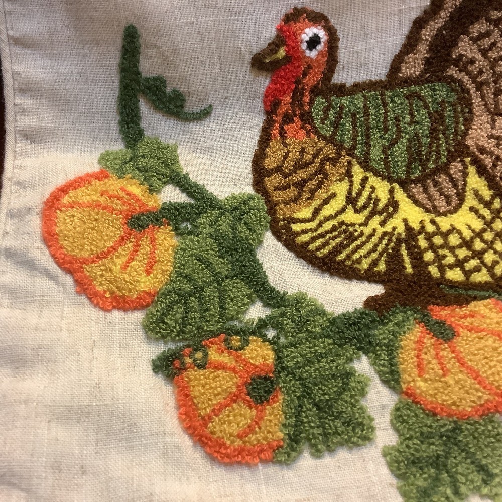 Table Runner~Fall/Thanksgiving/Harvest~70”L~Turkey & Pumpkins~Linen Background~