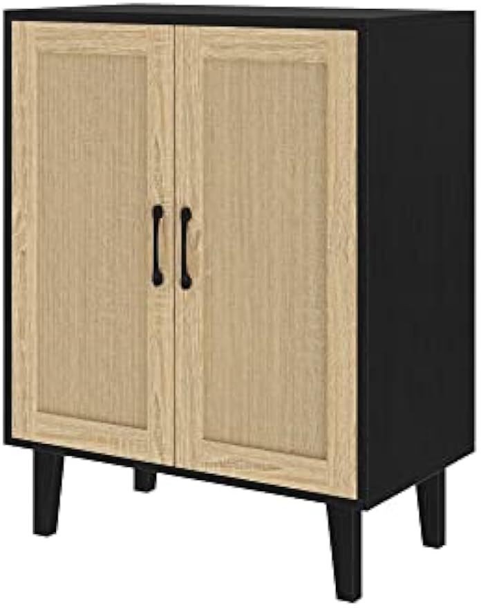 Buffet Cabinet Sideboard W/Rattan Decorated Doors Kitchen Storage Cupboard Black