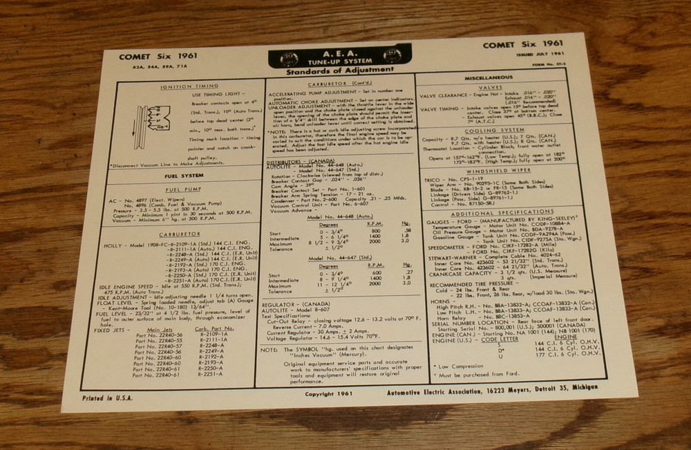 1961 Mercury Comet 6 Cylinder Tune-Up Chart 61