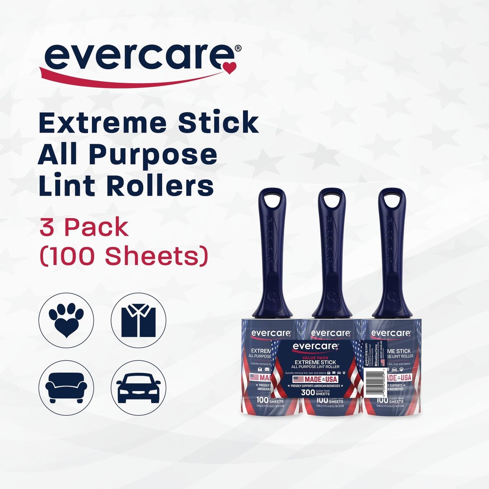 Evercare Extra Sticky 100 Layer Lint Roller, 3-Pack, Blue